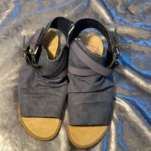 Ladies shoes size 9.5. Blue denim color. Zipper closure. Buckle and strap